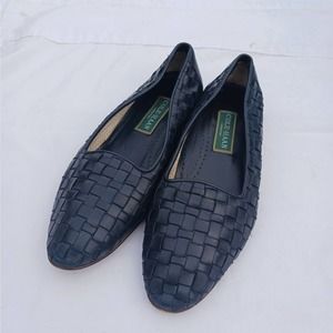 COLE Haan Womens 8.5 Flat Shoes Black Made in Italy Slip On Leather Basket Weave